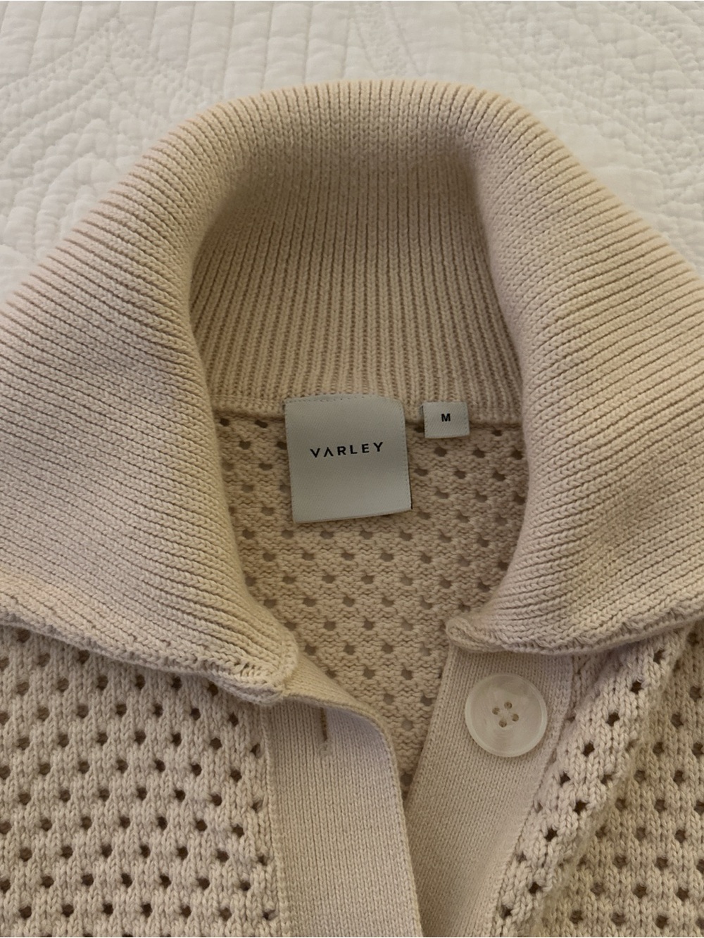 Varley Cream Open‑Knit Polo V‑Neck Sweater